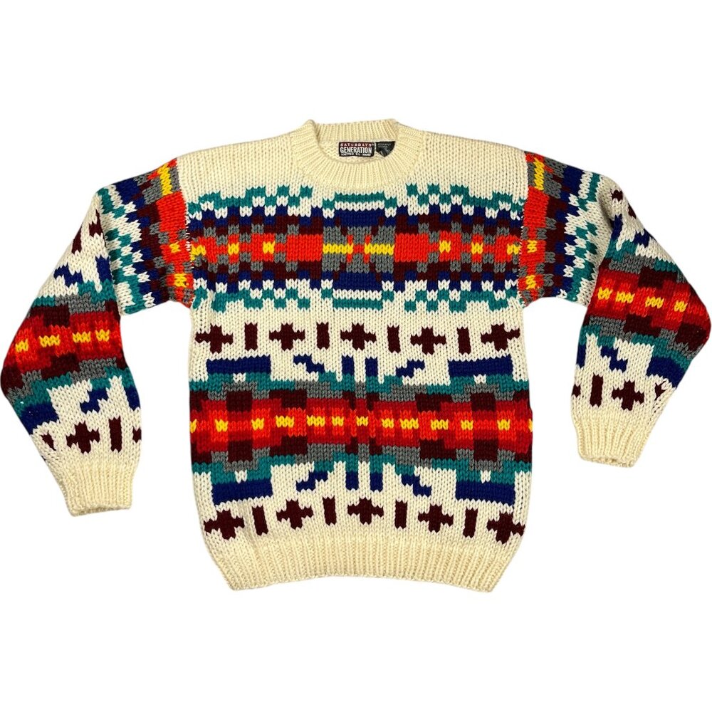 Mens VTG Hand Knit Aztec Sweater S Wool Blend 80s Southwestern Cabin Apres Ski